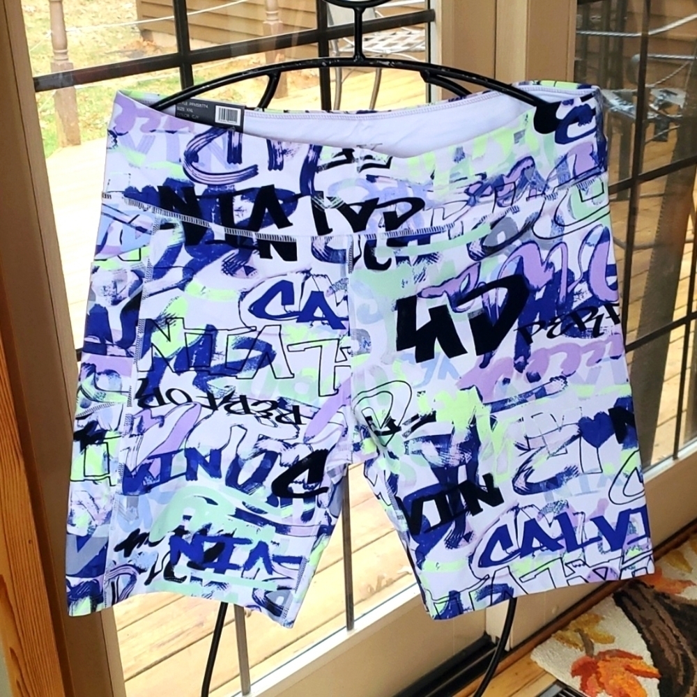 Calvin Klein Womens Graffiti Logo Bike Shorts Purple Blue Neon XXL PFMS8774